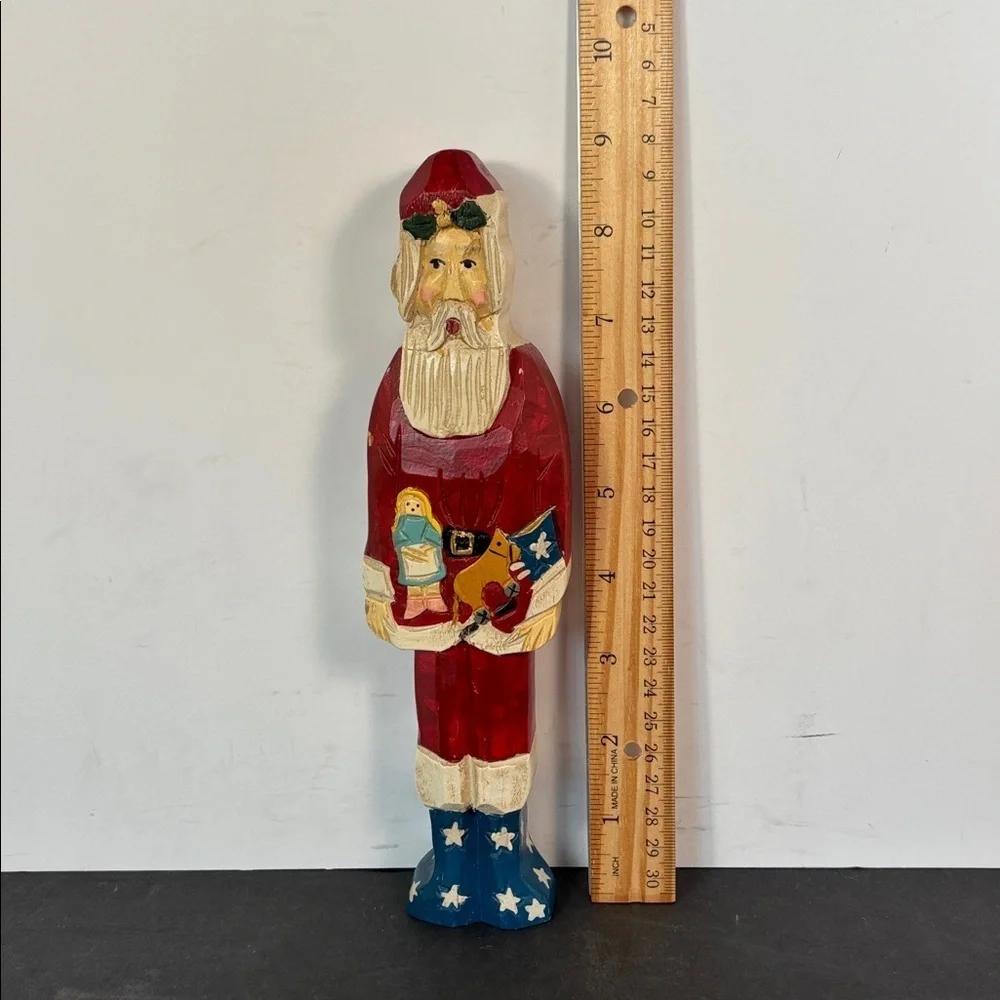 Hand Carved Patriotic Santa Folk Art Wooden Christmas Figure 9 in